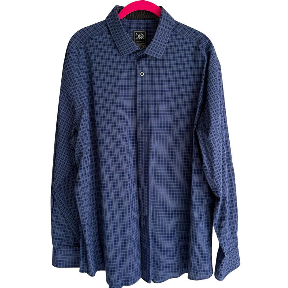 JOS A BANK Mens Blue Plaid Tailored Fit Travel Tech Button Up Career Shirt, XL